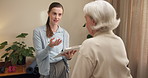 Physiotherapy, clipboard and senior woman for consulting, report and healing for osteoarthritis. Healthcare, writing and physical therapist with patient for wellness, advice and support for mobility