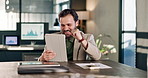 Happy, businessman and winning with tablet in office for achievement, good news or promotion. Excited, man or employee with smile, fist pump or technology for bonus, celebration or business success