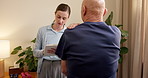 Physiotherapy, clipboard and woman with patient with shoulder pain, osteoarthritis and recovery. Healthcare, notes and physical therapist with senior man for wellness, help and healing for mobility