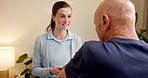 Physiotherapy, tablet and woman with senior man for online report, consulting and healing for arthritis. Healthcare, tech and physical therapist for wellness, medical service and support for mobility