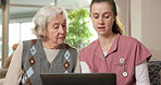 Talking, laptop and caregiver with senior woman for tech assistance, internet and telehealth website. Nursing home, explain and nurse with elderly patient on computer for connection, support and help
