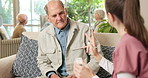 Talking, caregiver and senior man with pills, medication and explain dose for healing, healthcare and help. Nursing home, nurse and elderly patient listening for instructions, advice and prescription
