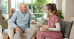 Explain, nurse and senior man with pills, medication and prescription for healing, healthcare and help. Nursing home, caregiver and elderly patient listening for instructions, advice and clipboard