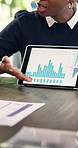 Meeting, data or hands in office with tablet screen, forecast or growth plan in budget review. Finance, woman or stats analyst with tech, profit outlook or revenue projection in strategy discussion.