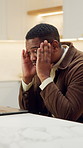 Black man, stress and remote work with laptop for financial management issue, budget report or error. Frustrated, freelancer and person in house with tech, account planning mistake or glitch review