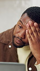 Black man, exhausted and remote work with laptop for financial management issue, budget report or error. Stress, freelancer and person in house with tech, account planning mistake or glitch review
