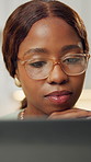 Remote work, glasses or author in house with laptop, proofreading or novel edit in creative process. WFH, writer or black woman with tech, reading manuscript or chapter planning in story development.