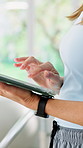 Woman, hands and physiotherapist with tablet in private practice for online research or schedule. Female person, practitioner or scrolling with technology for patient booking or planning routine