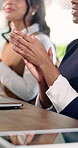 Hands, woman and applause at business seminar for staff training, speech agreement and education. Happy, person and clapping in office workshop for team insight, career upskill or company recognition