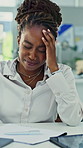 Headache, woman and stress at laptop in office for bad review, article rejection or ethics fail. Editor, black person or migraine at tech for plagiarism report, submission mistake or reputation risk