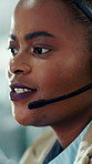 Headset, black woman and customer service consultant in office with help desk, crm or voip. Talking, mic and technical support agent with virtual assistance, customer service or contact in workplace.