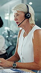 Telemarketing, woman or talk with tech in call center for product knowledge, finance offer or chat. Financial agent, happy mature person and typing on pc for needs assessment, coworking and service