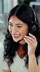 Telecom, woman and computer in office with customer service, headset and discussion for tech support. Happy, person and speaking in call center with desktop, IT troubleshooting and help desk advice.