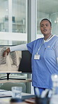 Black woman, nurse and xray on computer screen for presentation, patient info and review case. Healthcare, medical professional and tech in hospital with scan imaging, treatment update and feedback