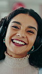 Face, woman and discussion in office with telemarketing, smile and sales agent for internet service. Happy, person and speaking in call center with advice, lead generation and sell wireless network.