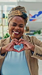 Creative, face or people in office with emojis, employee engagement or fun time in marketing agency. Portrait, wink or brand analyst with heart hands, happy moment or playful attitude in workplace.
