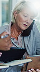 Multitask, phone call and tablet with business woman in office for approval or signature. Busy, juggle and productivity with mature CEO in corporate workplace for agenda, communication or schedule