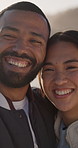 Selfie, smile and couple on beach for holiday, getaway or weekend with bonding together. Happy, care and man with woman for photography picture by ocean for memory in marriage on summer vacation.