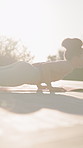 Woman, stretching and plank on patio for yoga, fitness and holistic balance for wellness. Space, female person and yogi on terrace in backyard with cobra pose, flexibility and practice for self care