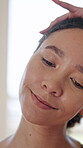 Smile, woman and stretching at house for yoga, fitness and morning routine for wellness. Happy, female person and muscle warm up in home for getting ready, start yogi and stress relief for self care