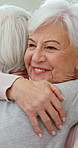 Reunion, friends and senior women with hug, talking and excited for bonding together at home. Retirement, happy people and embrace with love, care or visit with support for connection at house