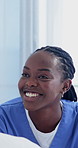 Nurse, talking and smile with black woman in hospital for patient checkup, medical update and advice. Healthcare feedback, consulting and recovery ward with person in clinic for treatment and help