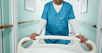 Emergency, walking and nurse with bed in hospital for operation, icu or ER healthcare in hallway. Rush, woman and medical worker with stretcher for surgery, treatment or support in clinic corridor.