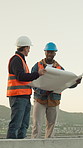 Engineering, talk and people with blueprint on rooftop for architecture, project and design proposal. Construction layout, building site and floor plan with men for property renovation and discussion