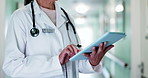 Tablet, woman and hands of doctor in hospital with research for diagnosis, treatment or telehealth. Digital technology, scrolling and healthcare worker with medical information on website in clinic.