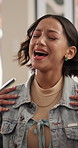 Phone, singing and recording with women in home for karaoke app, bonding and music. Singer games, song streaming and mobile with friends in living room in house for energy, fun and entertainment