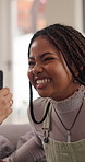 Laugh, friends and woman on sofa for funny conversation, talking and hangout together on weekend. Happy, home and women with phone for online meme, chat and social visit for bonding, relax and chill