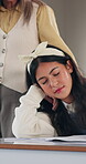 Learning, girl and sleep in exam at high school for mental fatigue, wake up and teacher support. Test supervision, student and nap in class for academic burnout, narcolepsy and empathy in education