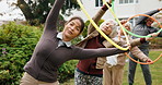 Stretching, hoop and senior people outdoor for wellness, exercise and warm up for mobility. Retirement, garden and woman with elderly group with ring for fitness, movement and active for health