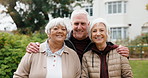 Happy, outdoor and face of senior people with positive attitude for bonding, connection or relax. Smile, group and portrait of elderly friends in nature for calm, good mood or peace in backyard.