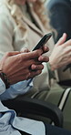 Technology, hands and business people in office for job interview, meeting or corporate training. Hiring, waiting and candidate in line for career opportunity, vacancy or recruitment in workplace.