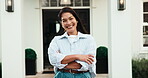 Real estate, face and woman outdoor with arms crossed, fresh start and investment in dream home. Property, portrait and happy person with pride, housing achievement and confidence as new homeowner.

