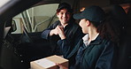 Delivery, team and fist bump in van with boxes, shipping target and collaboration for supply chain. Happy, people and courier service goals in vehicle with ecommerce package, logistics or partnership