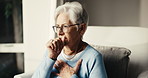Sick, cough and old woman in retirement home with chest pain, asthma symptoms or throat inflammation. Elderly person, respiratory infection and flu in house with cold, virus and shortness of breath.