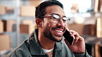 Logistics, phone call and man with smile in warehouse, communication or delivery update for contact. Entrepreneur, laughing and happy person with mobile, discussion and shipping in small business