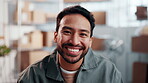 Logistics, face and man with smile in small business, laughing and confident for cargo distribution. Entrepreneur, portrait and happy person with pride, supply chain and shipping stock in warehouse