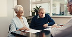 Advisor, talking and old couple at house with document, finance report and advice for last will. Consultant, chat and senior people in home with paperwork, financial security and inheritance planning