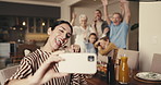 Selfie, happy and woman with family in home for relax, bonding or connection together. Smile, love and mother with people for photography picture with memory or social media in living room at house.