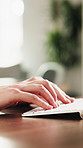 Hands, keyboard and person typing in company, log compliance report and record keeping. Computer, woman and consultant at desk for business email, policy regulation and research proposal draft