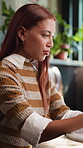 Break, reading and woman in coffee shop for small business ideas as freelance entrepreneur. Hospitality, online and relax with startup employee working in cafe or restaurant for bistro service