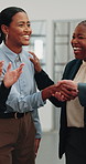 Meeting, handshake or happy woman with team applause in office for partnership, b2b or agreement. Female person, clapping or shaking hands for business success, onboarding or career deal in workplace