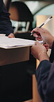 Clipboard, hands and signature of customer for delivery completion, logistics or order fulfillment. Box, pen and signing paperwork with people closeup for distribution, shipping or supply chain
