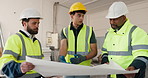 Paper, blueprint and planning with construction team, people or layout for maintenance project. Document, building design and men talking with engineer, schematic review and collaboration at site