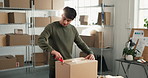 Man, logistics and blade with unboxing for small business, distribution or supply chain for order. Entrepreneur, supplier or inspection with restock, return or parcel for delivery or courier service