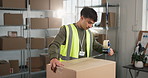 Man, shipping or logistics with tape for box, small business and distribution or supply chain. Entrepreneur, distributor or supplier with packaging, order or parcel for delivery or courier service