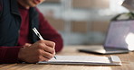 Hands, small business and man with paperwork for writing, inventory management or receipt document. Logistics, person and clipboard for supply chain, ecommerce or delivery invoice for distribution
